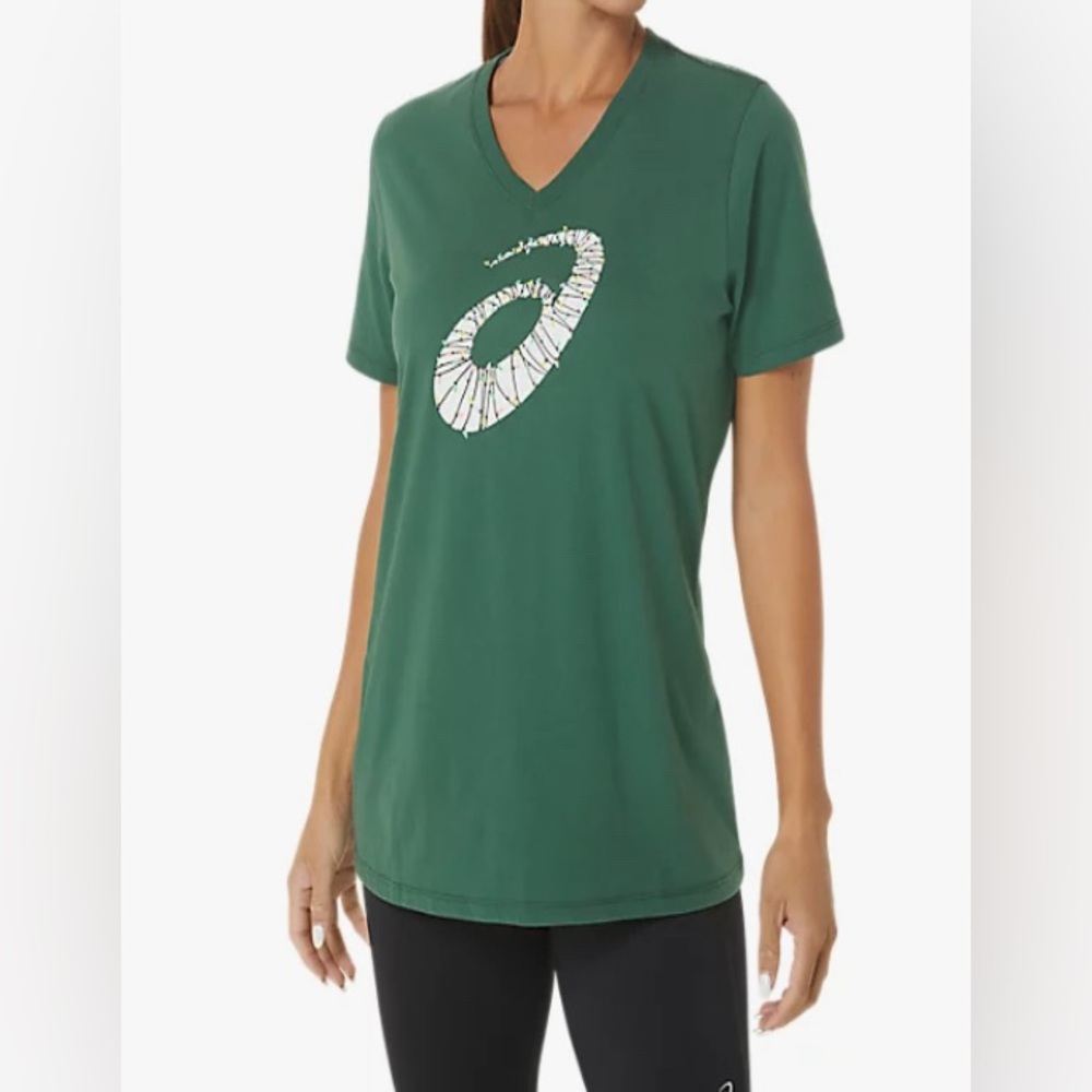 Asics women’s holiday lights Christmas v neck short sleeve t shirt green size XL